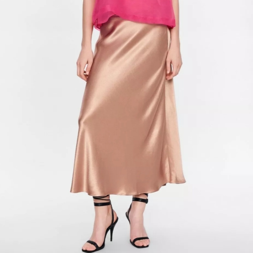 Zara Beige Satin Long Midi Skirt XS